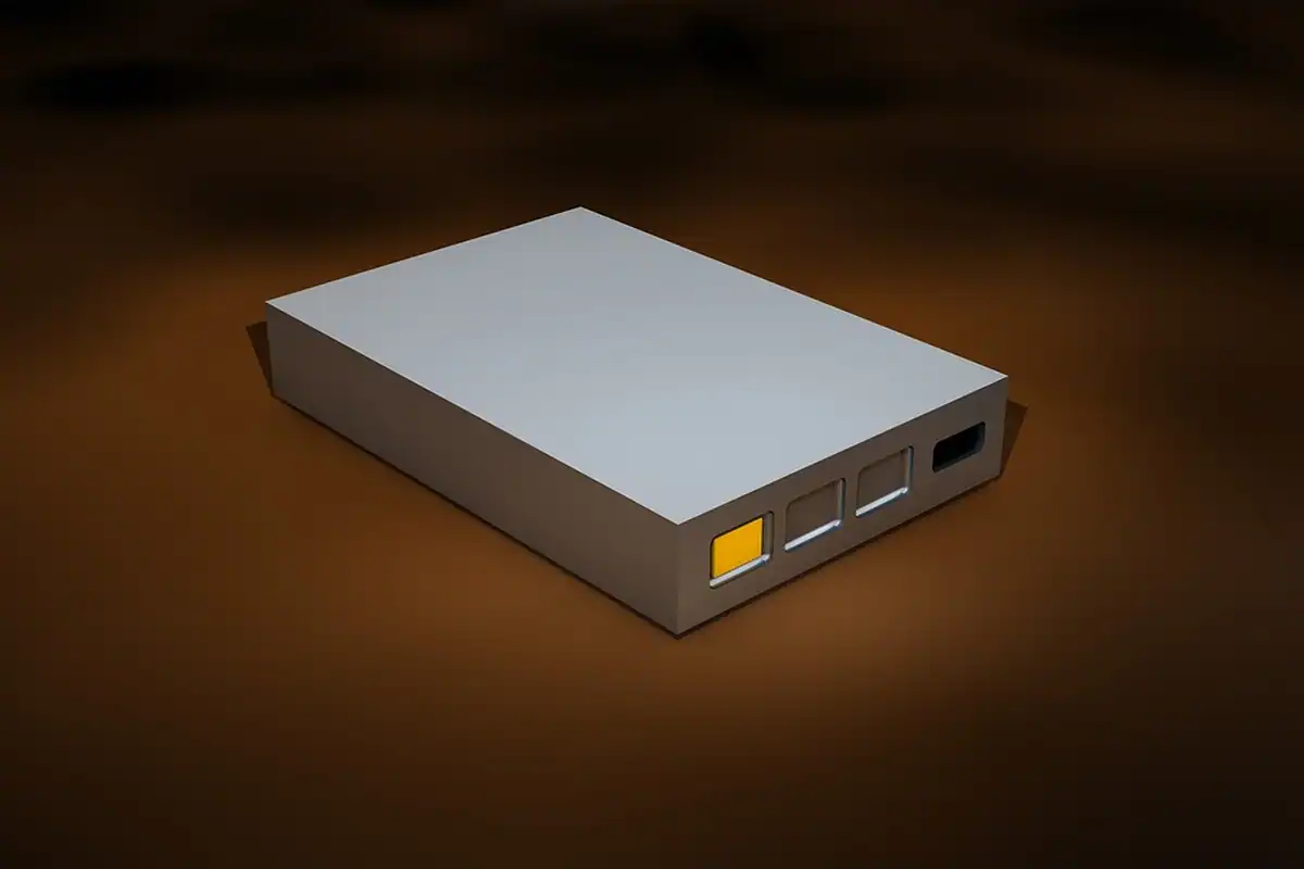 Hard disk extern argintiu așezat pe o suprafață întunecată, pentru copii de siguranță