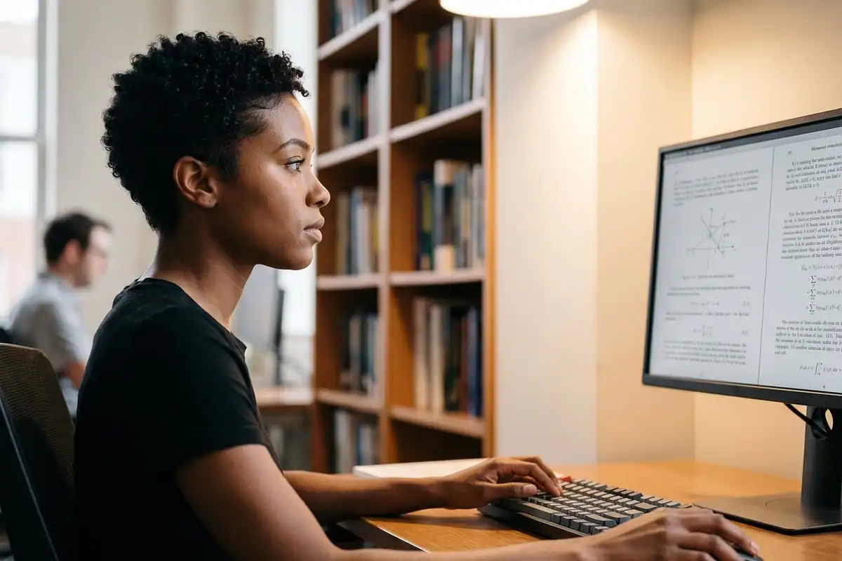 Femeie la un monitor într-o bibliotecă, cu rafturi de cărți în spatele ei